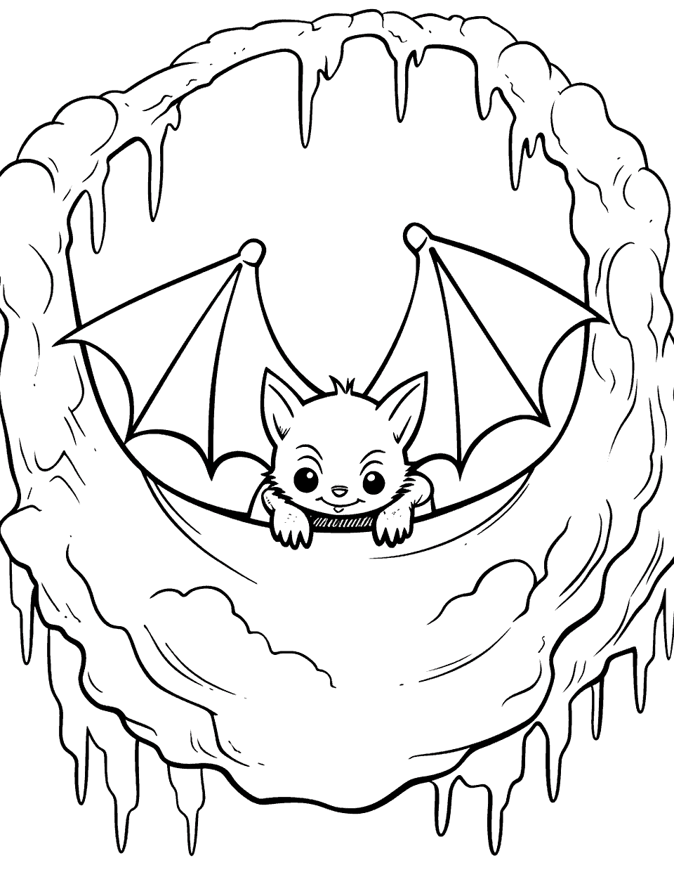 Bat in a Cave Coloring Page - A peaceful scene of a bat in a cave.
