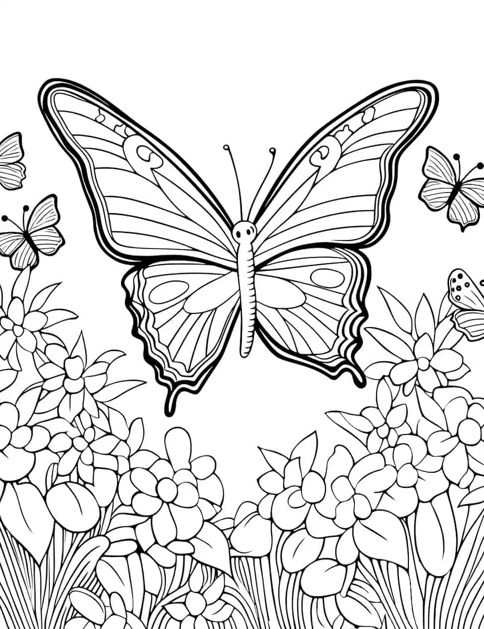 Tranquil Garden Butterfly Coloring Page - A detailed coloring page capturing the peaceful ambiance of a butterfly-filled garden.