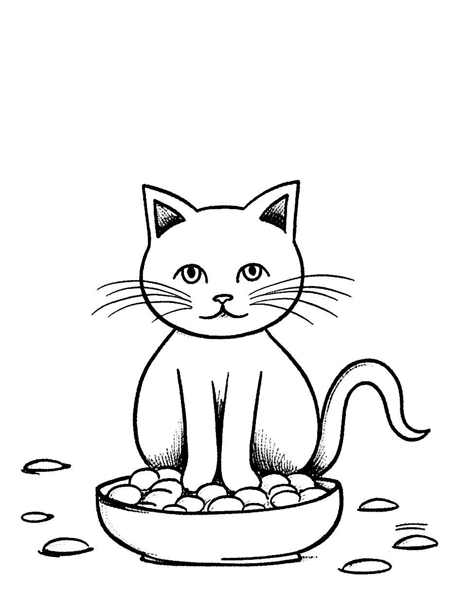 Cat Enjoying a Fish Meal Coloring Page - A cat joyously feasting on a plate full of fish.
