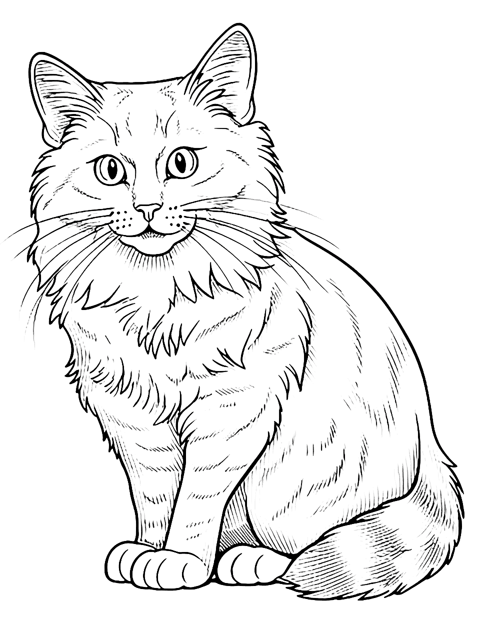 Realistic Maine Coon Cat Coloring Page - A detailed image of a Maine Coon cat with its distinctive ears and long tail.