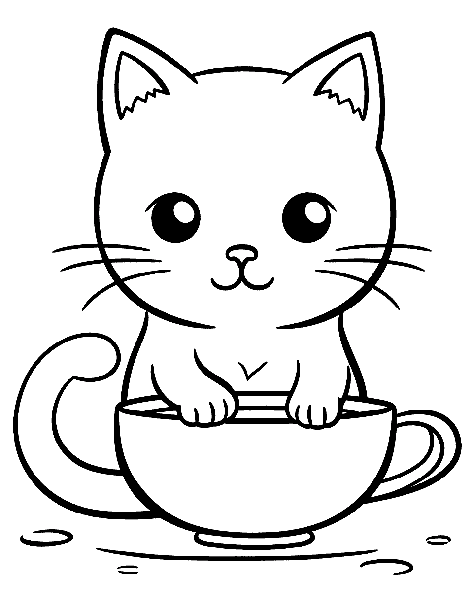 Kawaii Cat With a Cup of Hot Cocoa Coloring Page - A cute kawaii cat sipping on a steaming cup of hot cocoa.