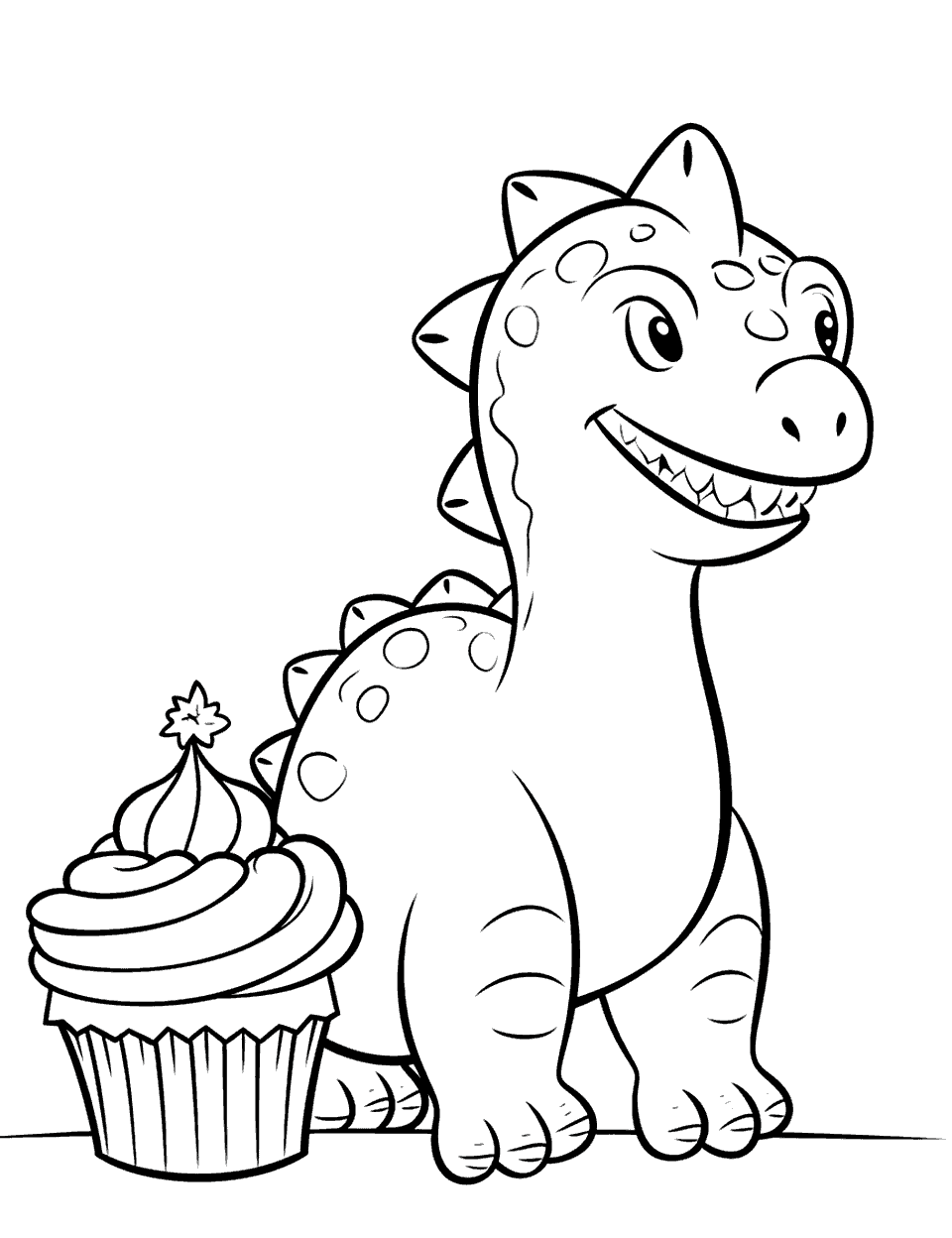 Dinosaur and Cupcake Coloring Page - A friendly dinosaur standing next to a giant cupcake.