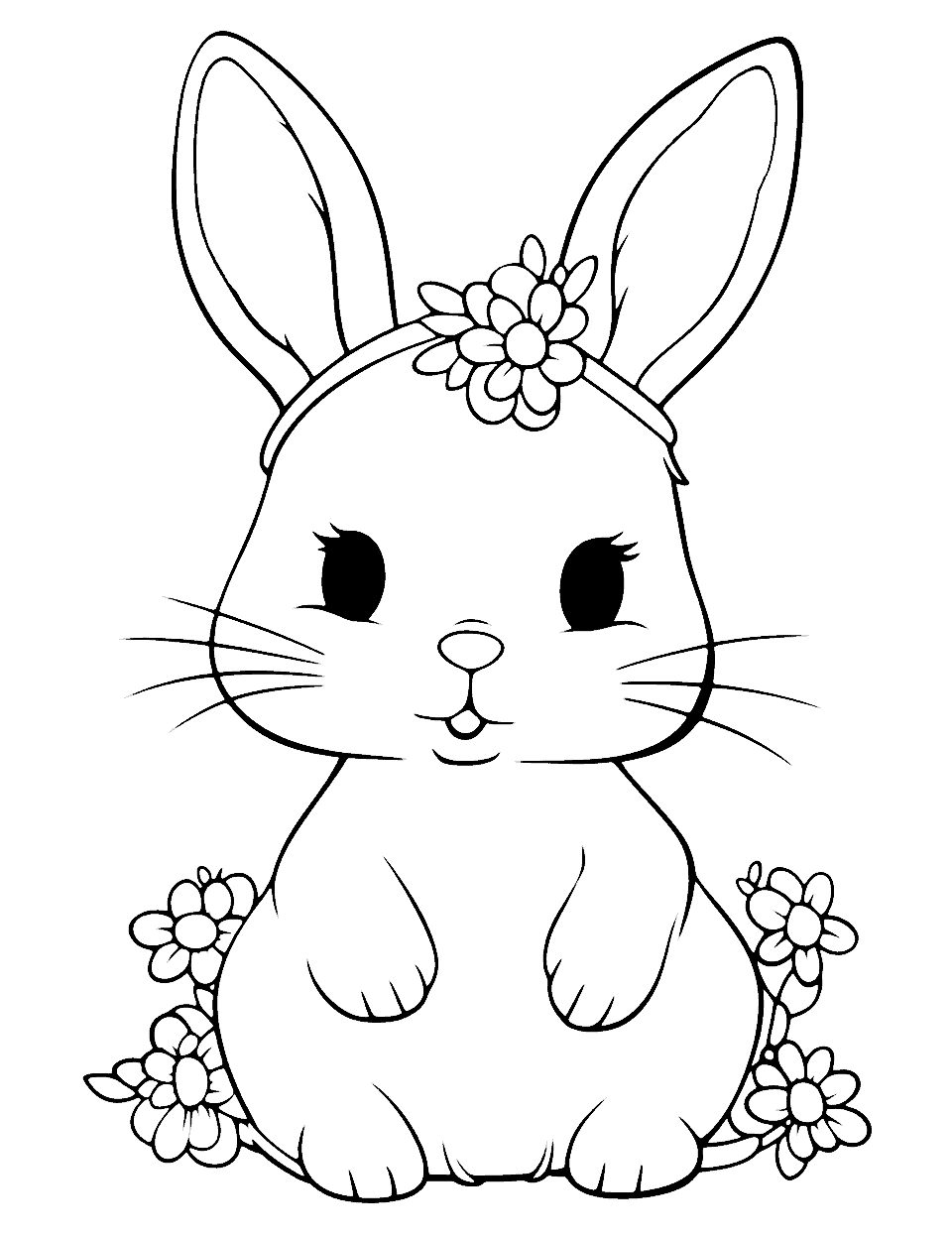 Bunny With a Flower Crown Cute Coloring Page - A cute bunny wearing a crown made of beautiful flowers.