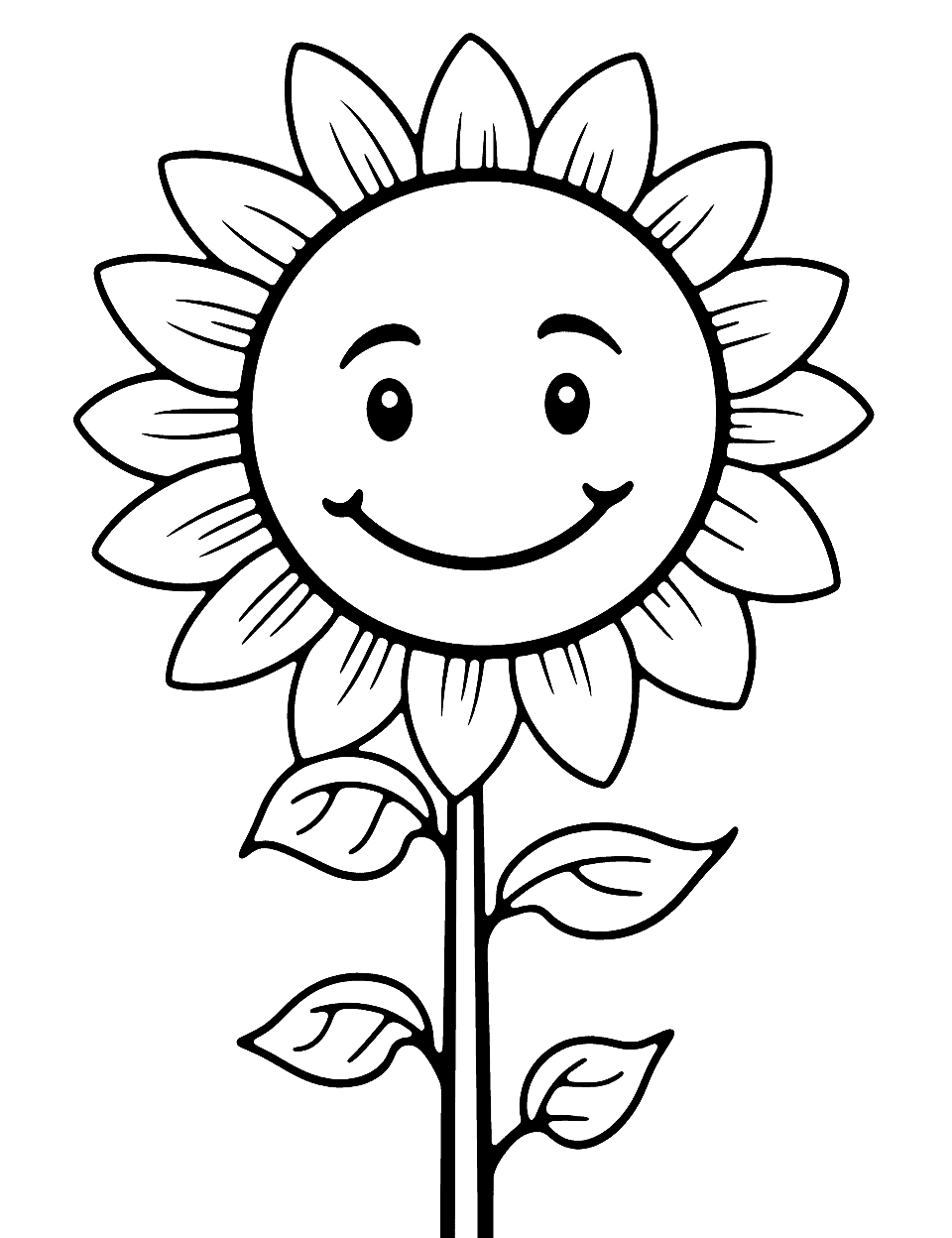 Happy Sunflower Cute Coloring Page - A giant sunflower with a big smile and yellow petals.