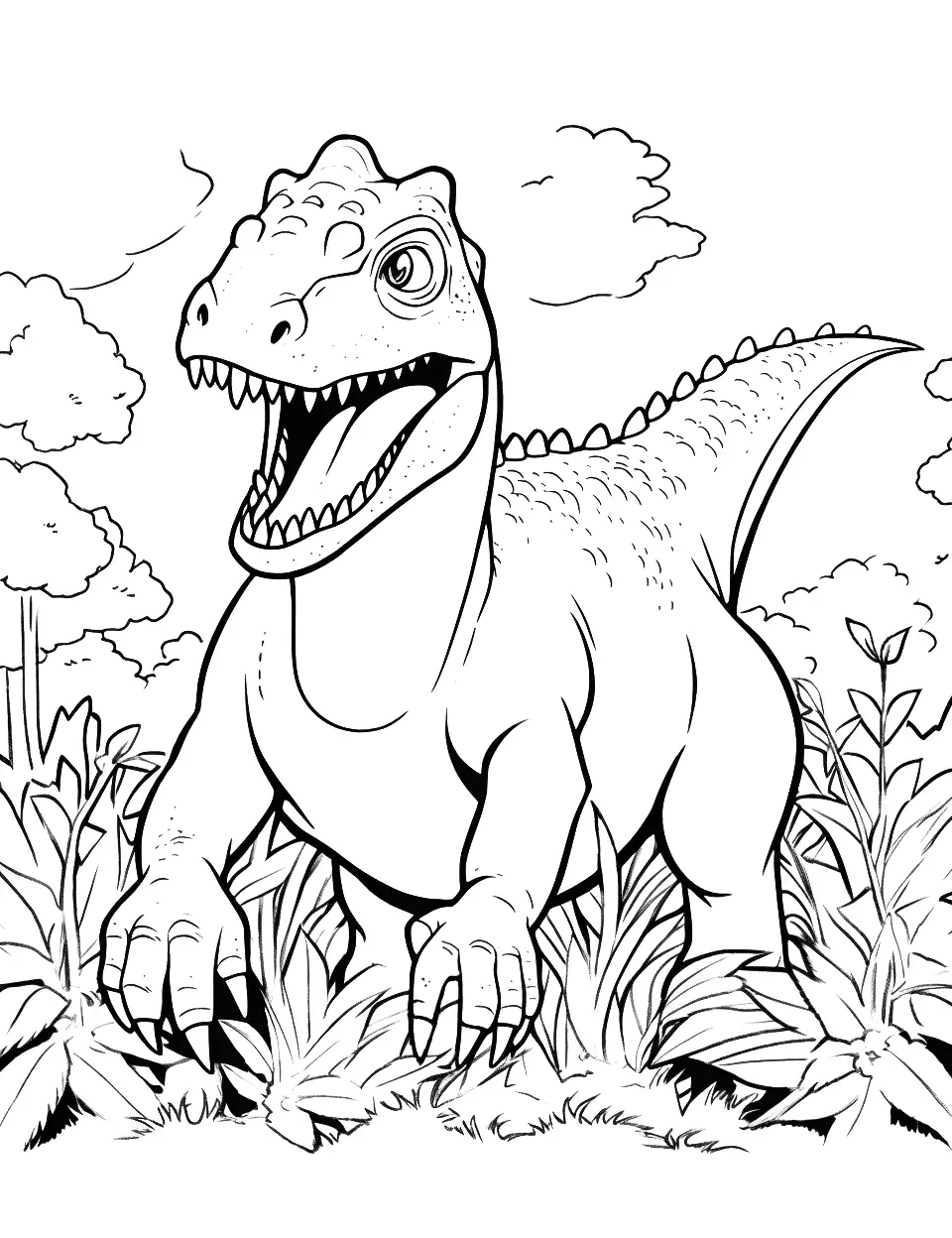 Carnotaurus Charge Dinosaur Coloring Page - A Carnotaurus charging through the underbrush.