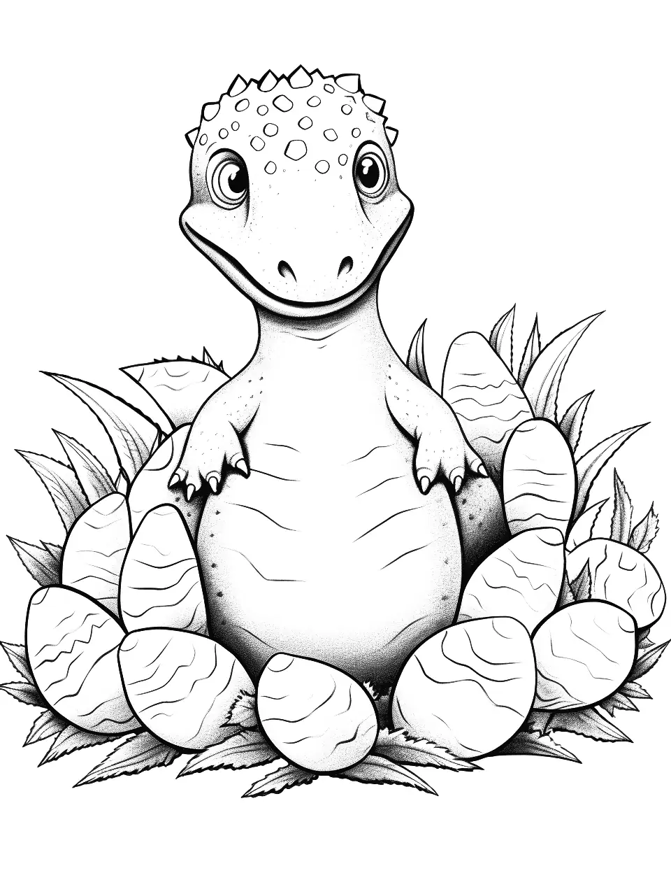 Baby Dino Hatchlings Dinosaur Coloring Page - Baby dinosaur hatchlings emerging from their eggs.