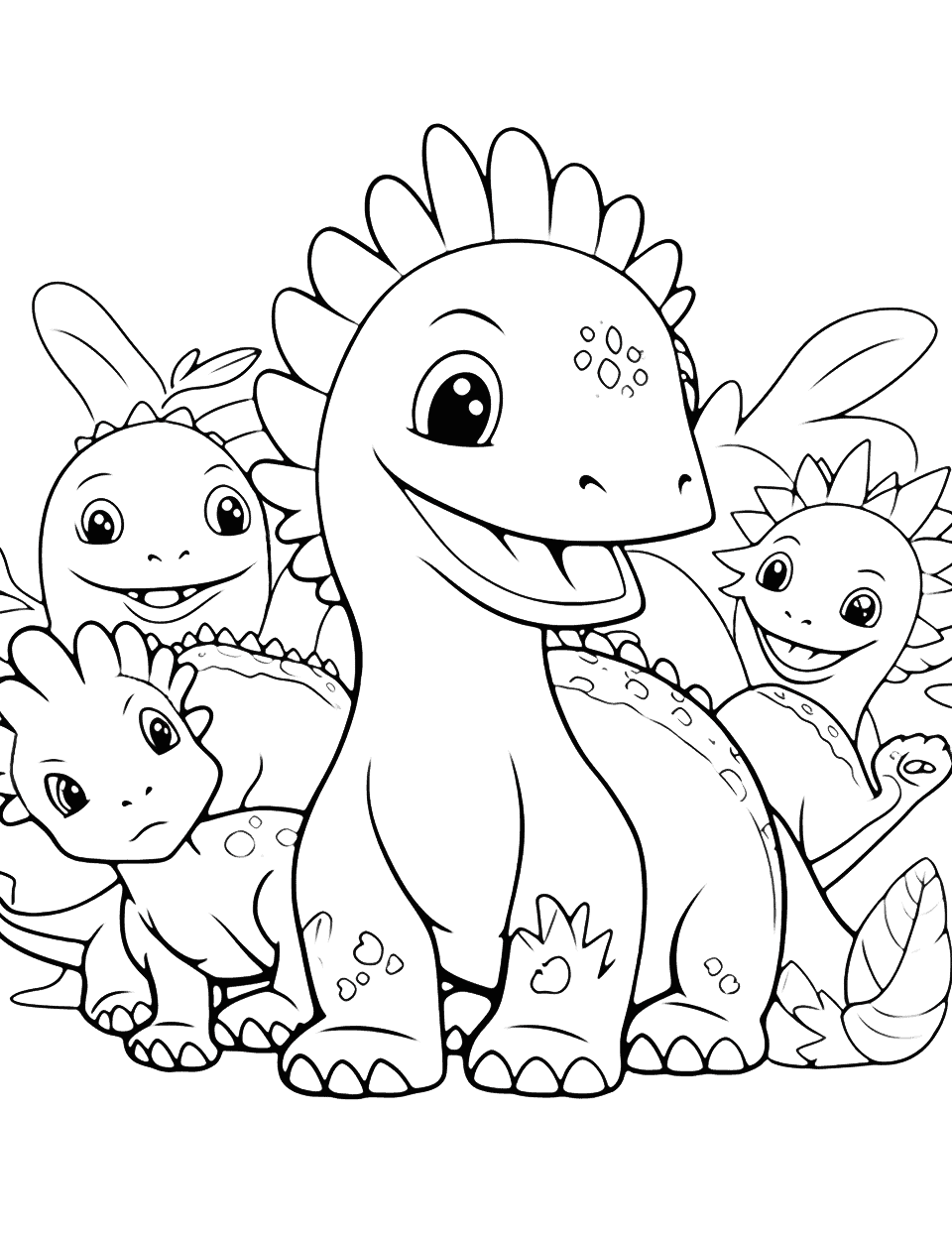 Cute Baby Dinosaurs Dinosaur Coloring Page - A collection of adorable baby dinosaurs playing together.