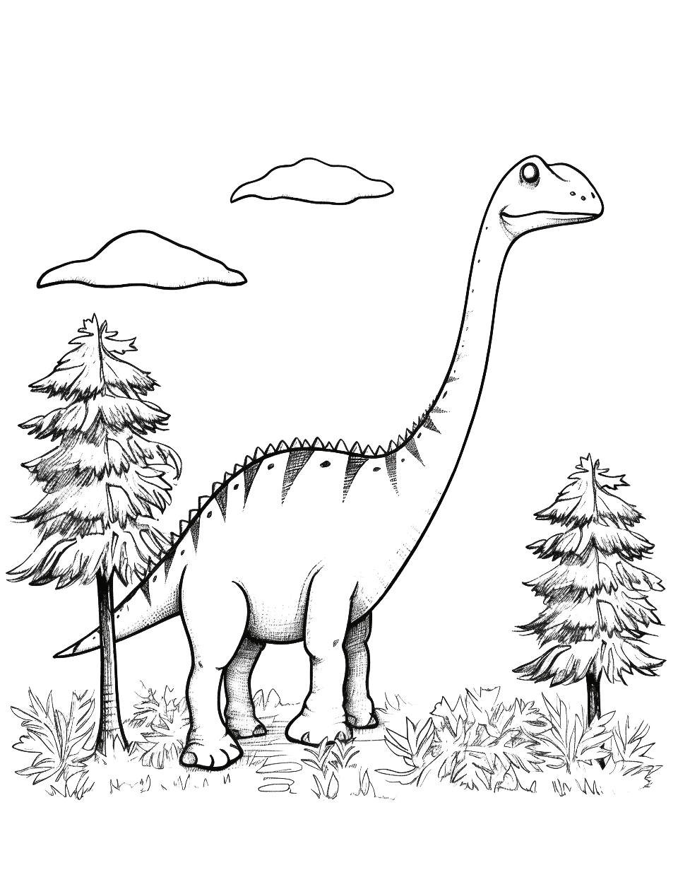Brachiosaurus Grazing Dinosaur Coloring Page - A Brachiosaurus peacefully grazing on the top of tall trees.