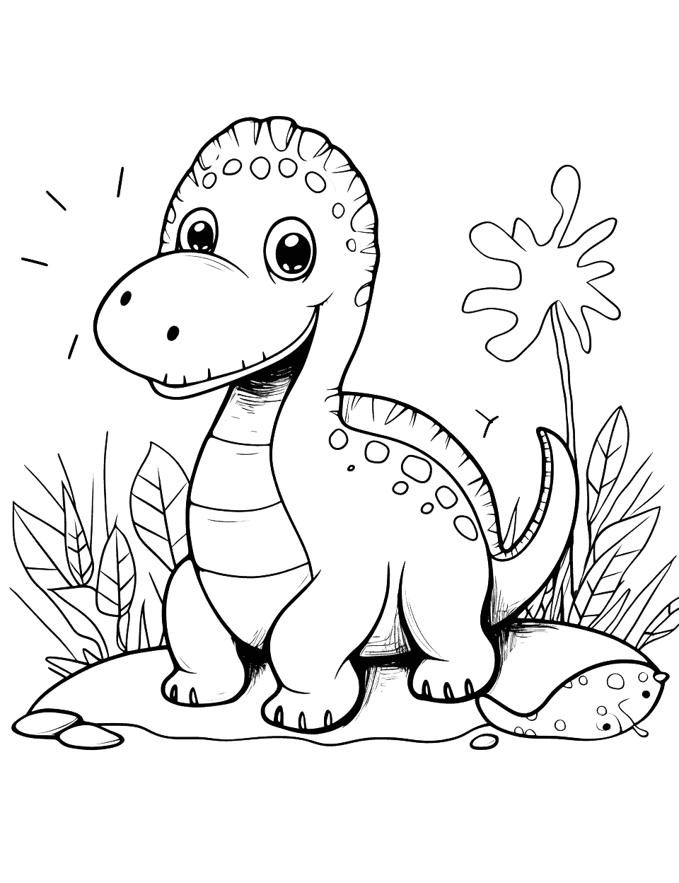 Cute Dino Friend Dinosaur Coloring Page - Cartoonish, cute dinosaur playing outdoors.
