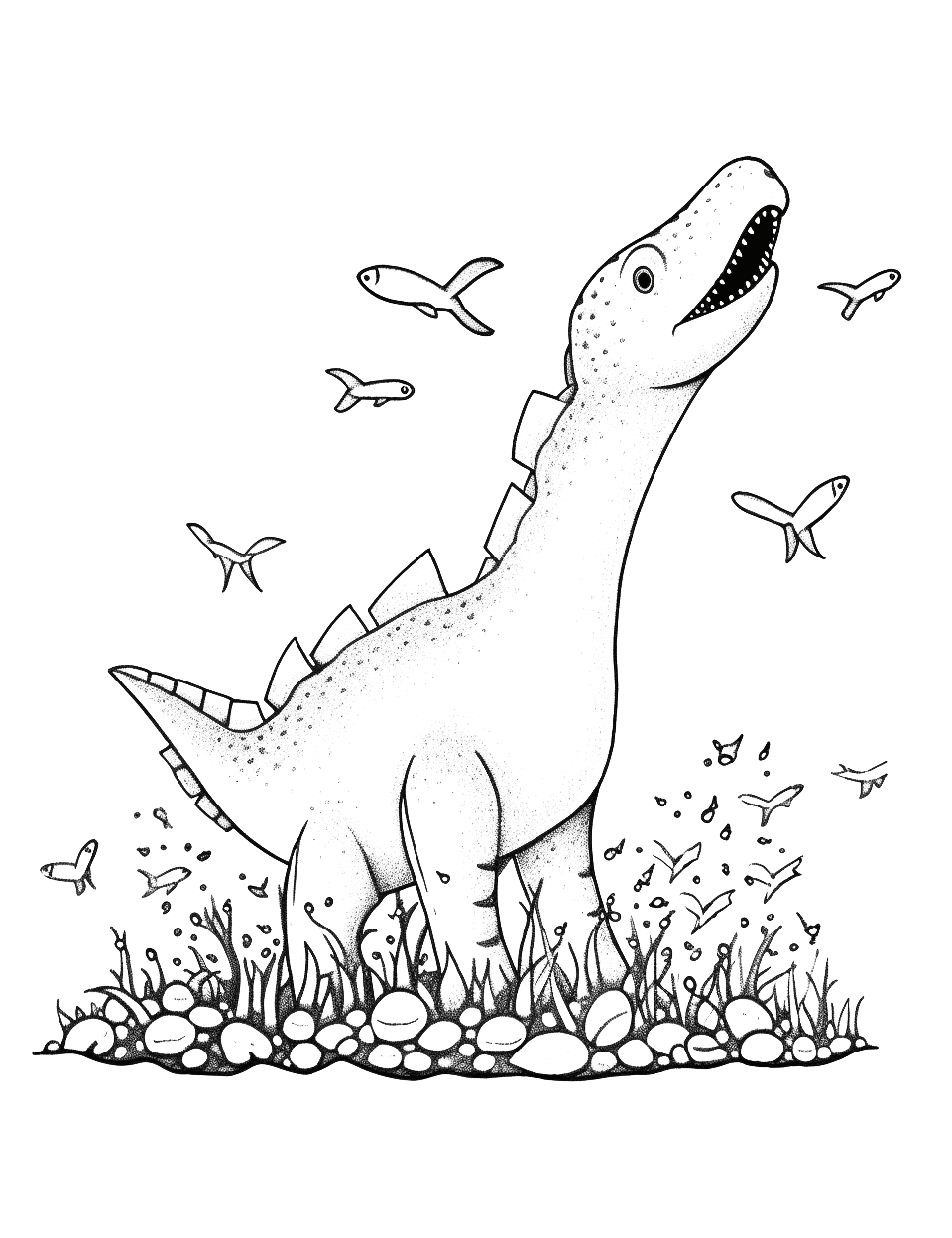 Mosasaurus Feeding Time Dinosaur Coloring Page - The gigantic Mosasaurus leaping out of the water to catch its prey.