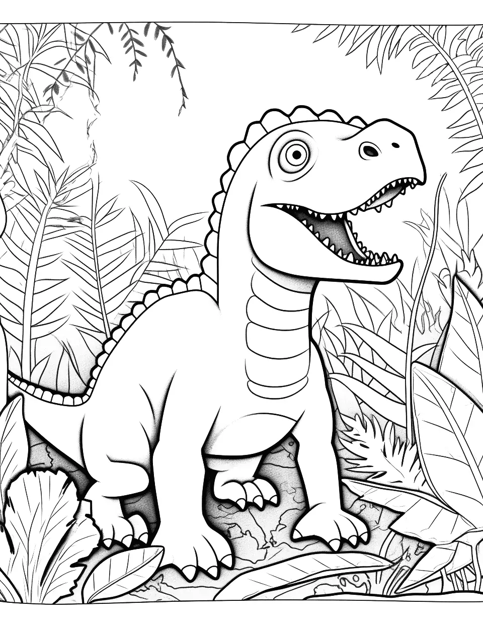 Indoraptor in the Jungle Dinosaur Coloring Page - A menacing scene with the Indoraptor lurking in the jungle.