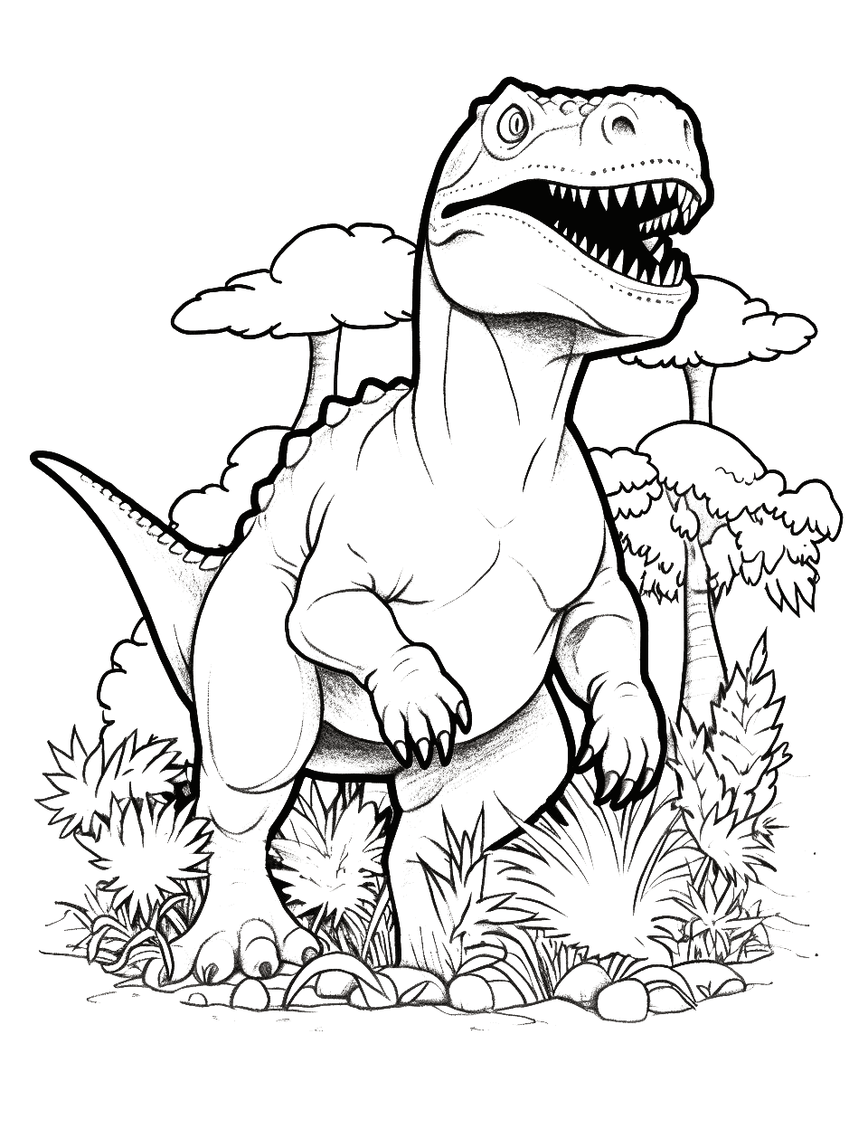 T-Rex Chase Dinosaur Coloring Page - A T-Rex chasing smaller dinosaurs through the jungle.