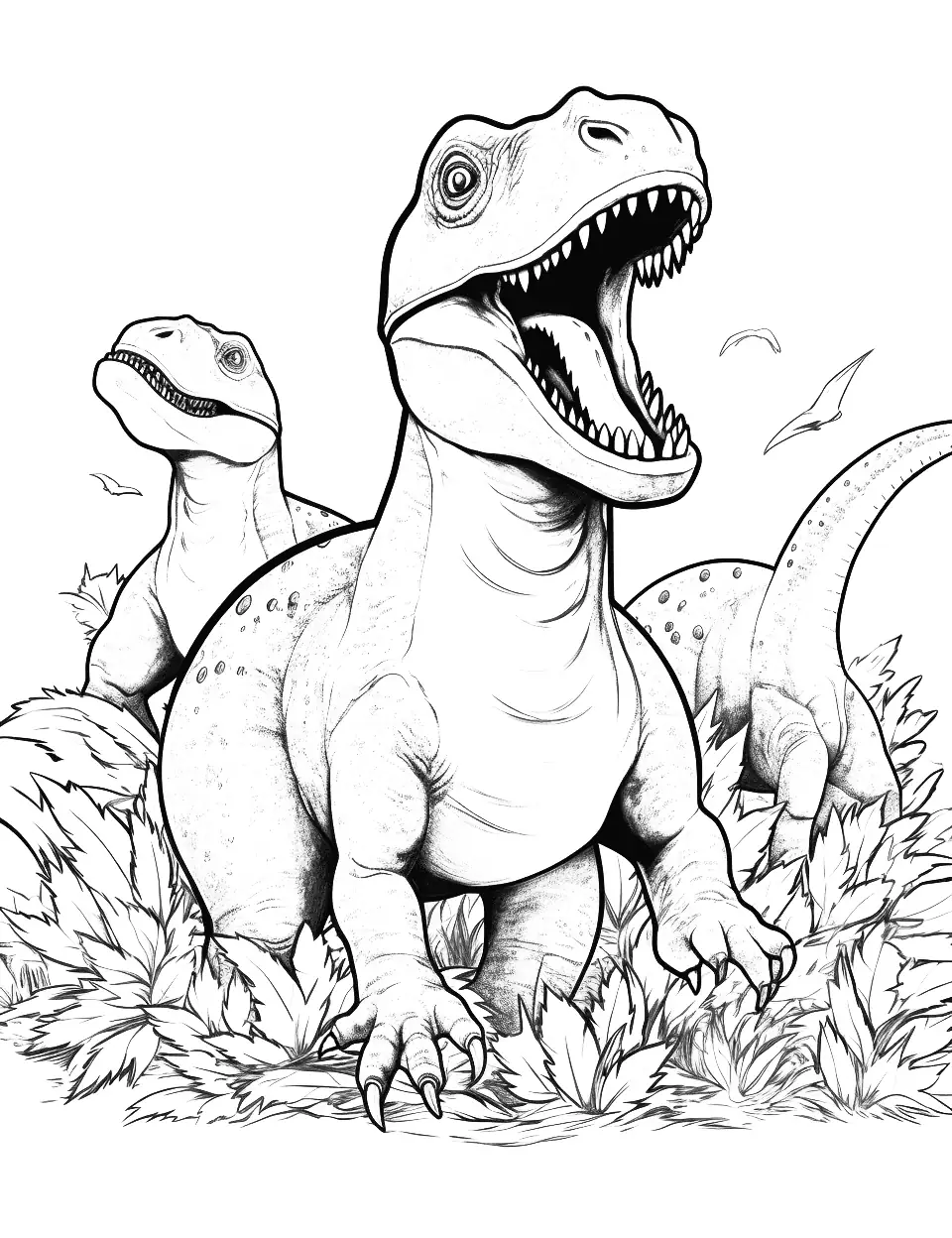 Raptor Pack in Action Dinosaur Coloring Page - The Velociraptor pack in an action scene from Jurassic World.
