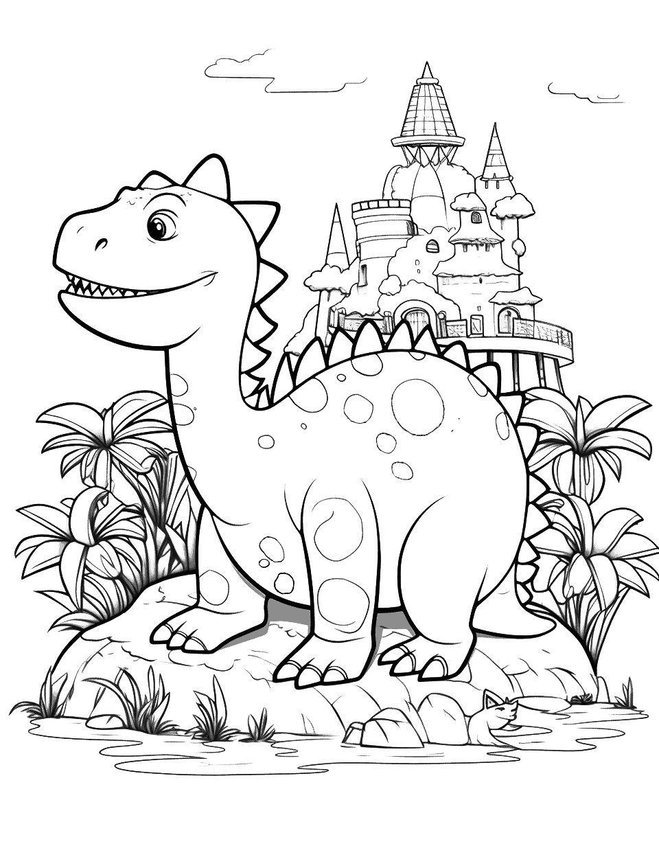 Lego Dinosaur Island Coloring Page - An imaginative coloring page featuring a dinosaur island built from Lego.