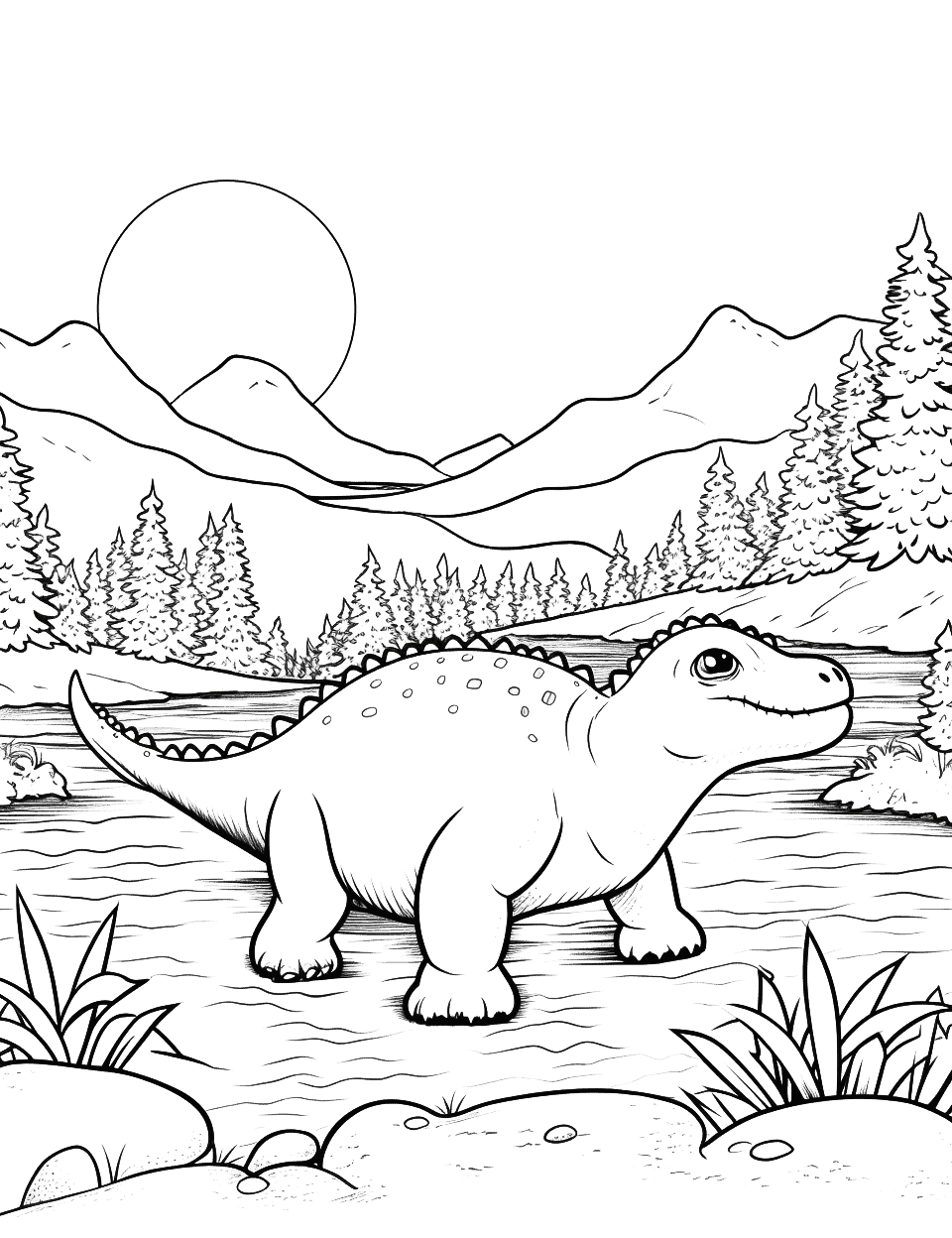 Ankylosaurus Crossing a River Dinosaur Coloring Page - An Ankylosaurus and its baby crossing a prehistoric river.