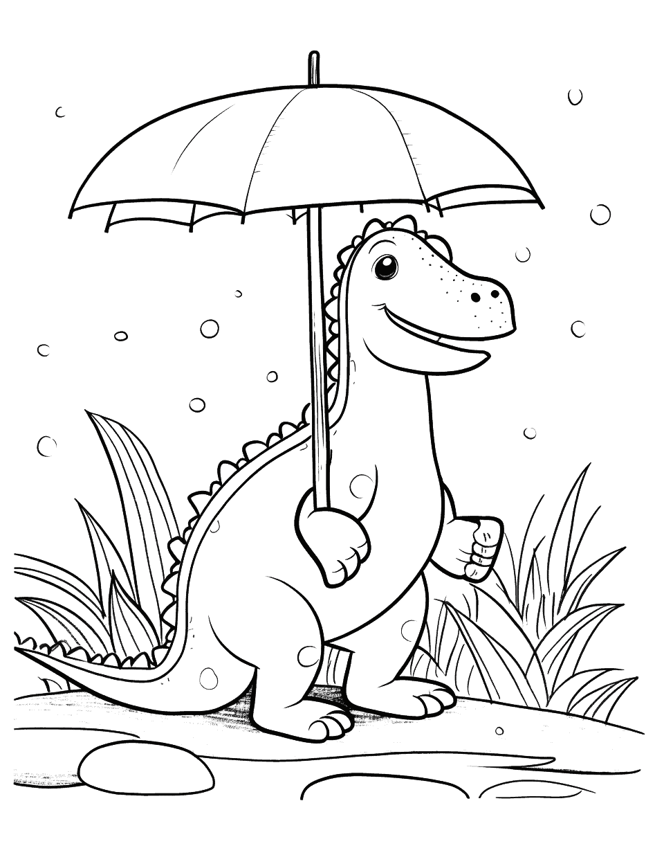 Baryonyx Holding an Umbrella Dinosaur Coloring Page - A Baryonyx hunting in a swamp during a rainstorm using an umbrella.