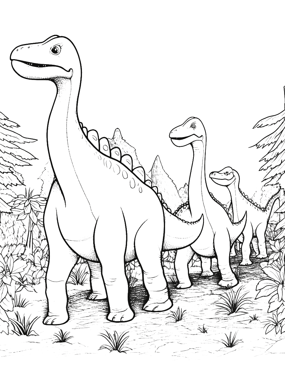 Parasaurolophus Parade Dinosaur Coloring Page - A parade of Parasaurolophus walking through the forest.