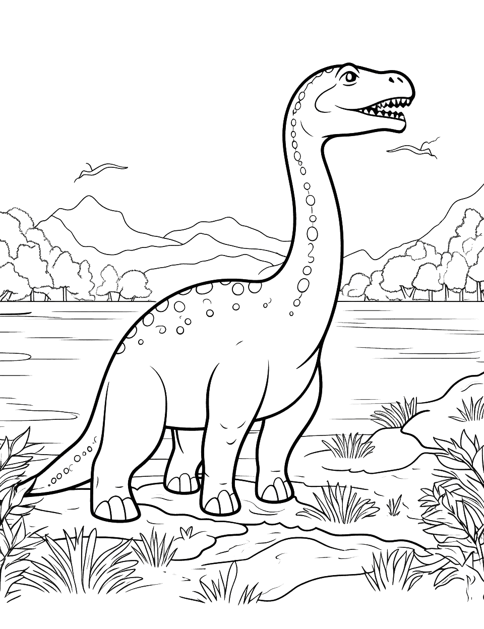 Brachiosaurus at the River Dinosaur Coloring Page - A Brachiosaurus drinking water from a prehistoric river.