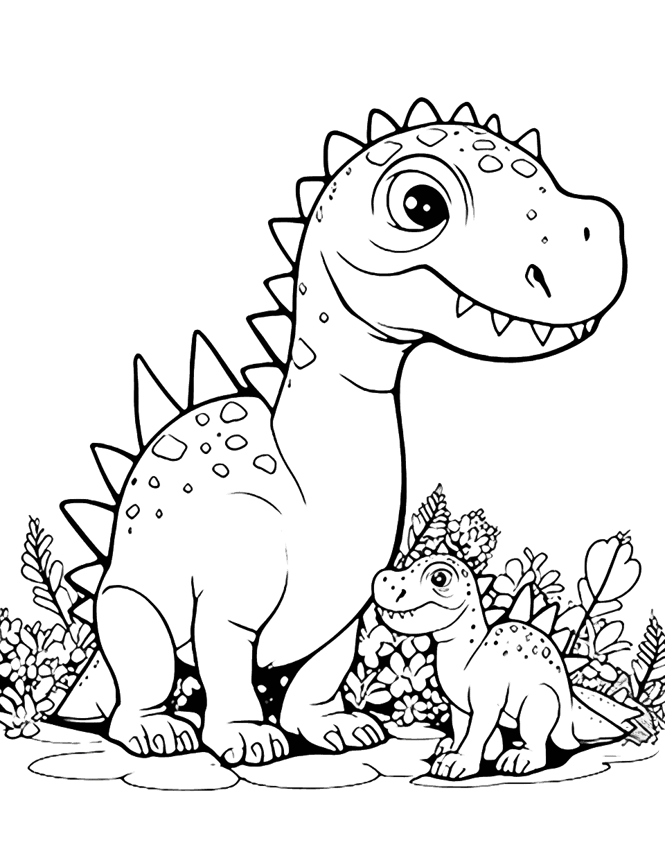 Baby Dino and Parent Dinosaur Coloring Page - A baby dinosaur interacting with its parent in a touching scene.