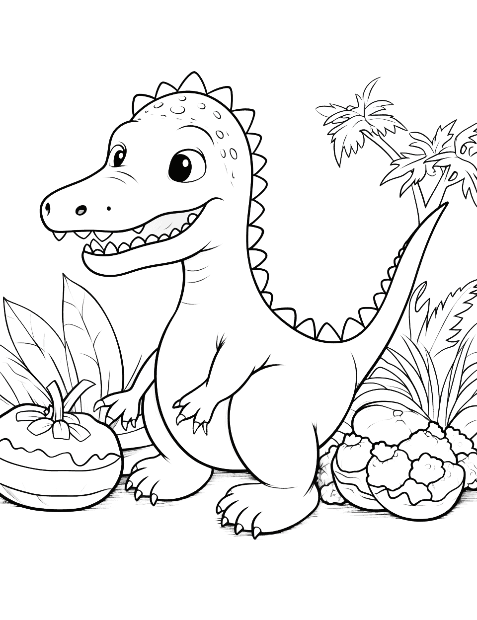 Cute Dino Picnic Dinosaur Coloring Page - Cute dinosaur having a picnic, complete with prehistoric fruits.