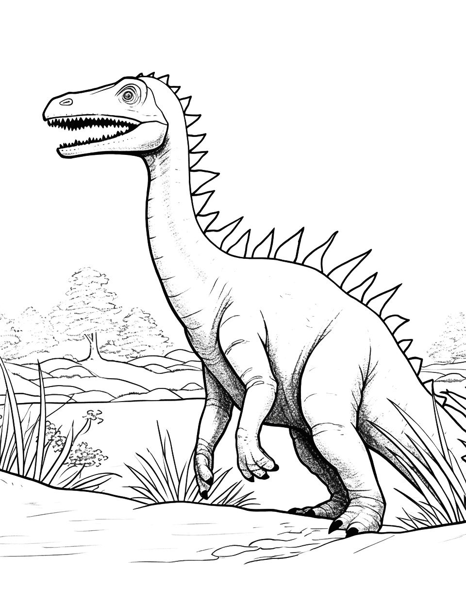 Realistic Spinosaurus Dinosaur Coloring Page - A detailed, realistic Spinosaurus prowling near a prehistoric river.