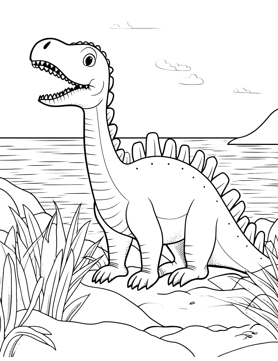 Spinosaurus on the Shore Dinosaur Coloring Page - A Spinosaurus looking out over the sea, looking for fish to eat.