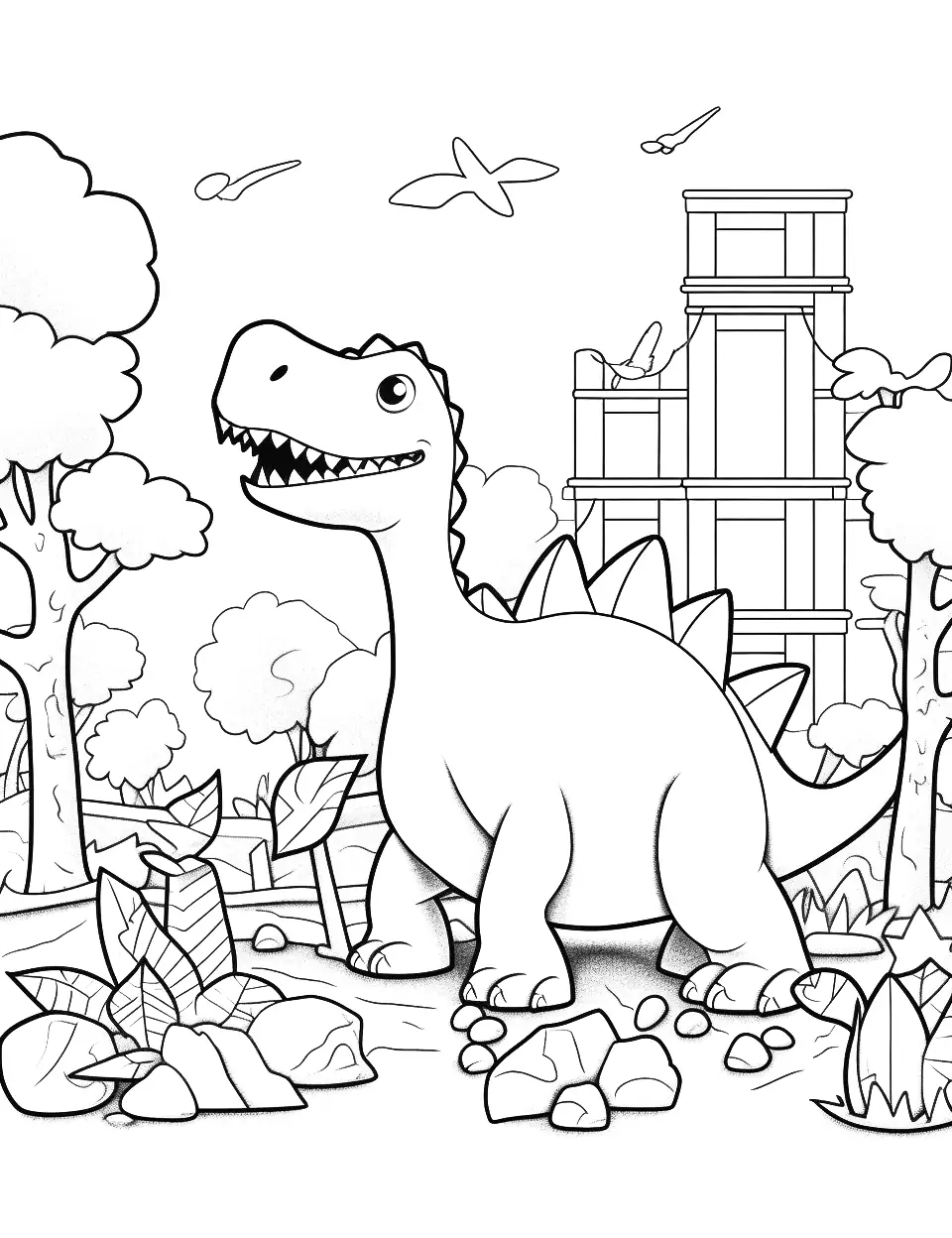 Preschool Dino Playground Dinosaur Coloring Page - Preschool-friendly dinosaurs playing on a dinosaur-themed playground.