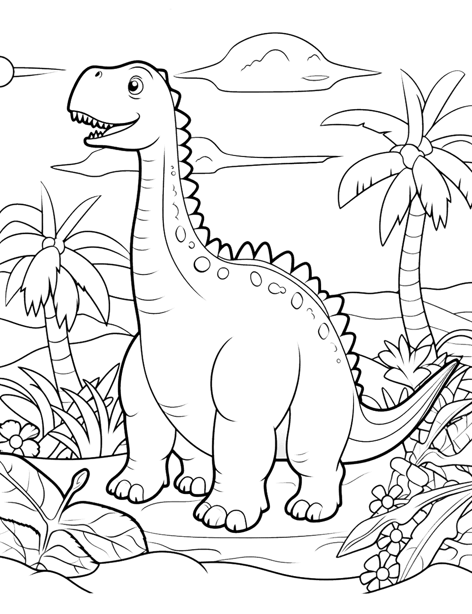 Easy Dinosaur Scene Coloring Page - A simple, easy-to-color scene with a friendly Brachiosaurus munching on leaves.