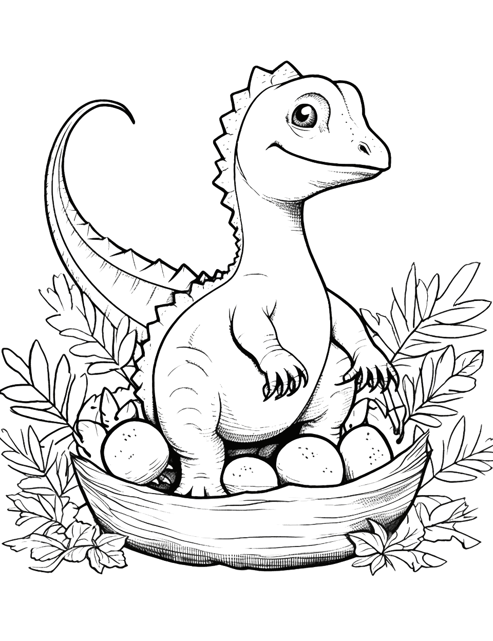 Baby Dinosaur and Eggs Coloring Page - A baby dinosaur with a nest full of unhatched eggs awaiting its siblings.