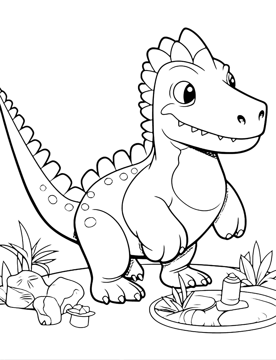 Preschool Dino Pal Dinosaur Coloring Page - Cartoonish, preschool-friendly dinosaur having a meal.