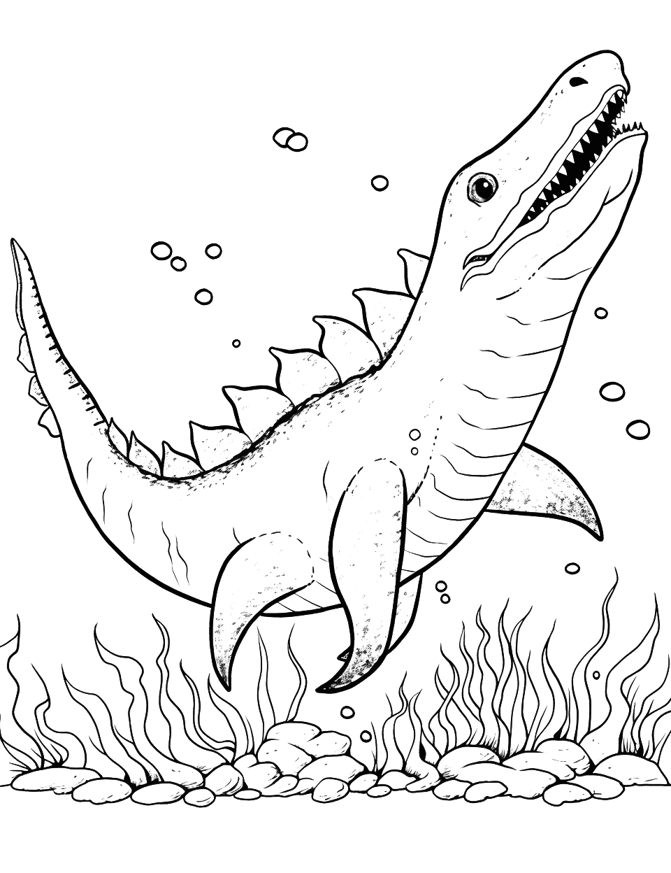 Mighty Mosasaurus Dinosaur Coloring Page - The underwater Mosasaurus chasing fish in the deep sea.
