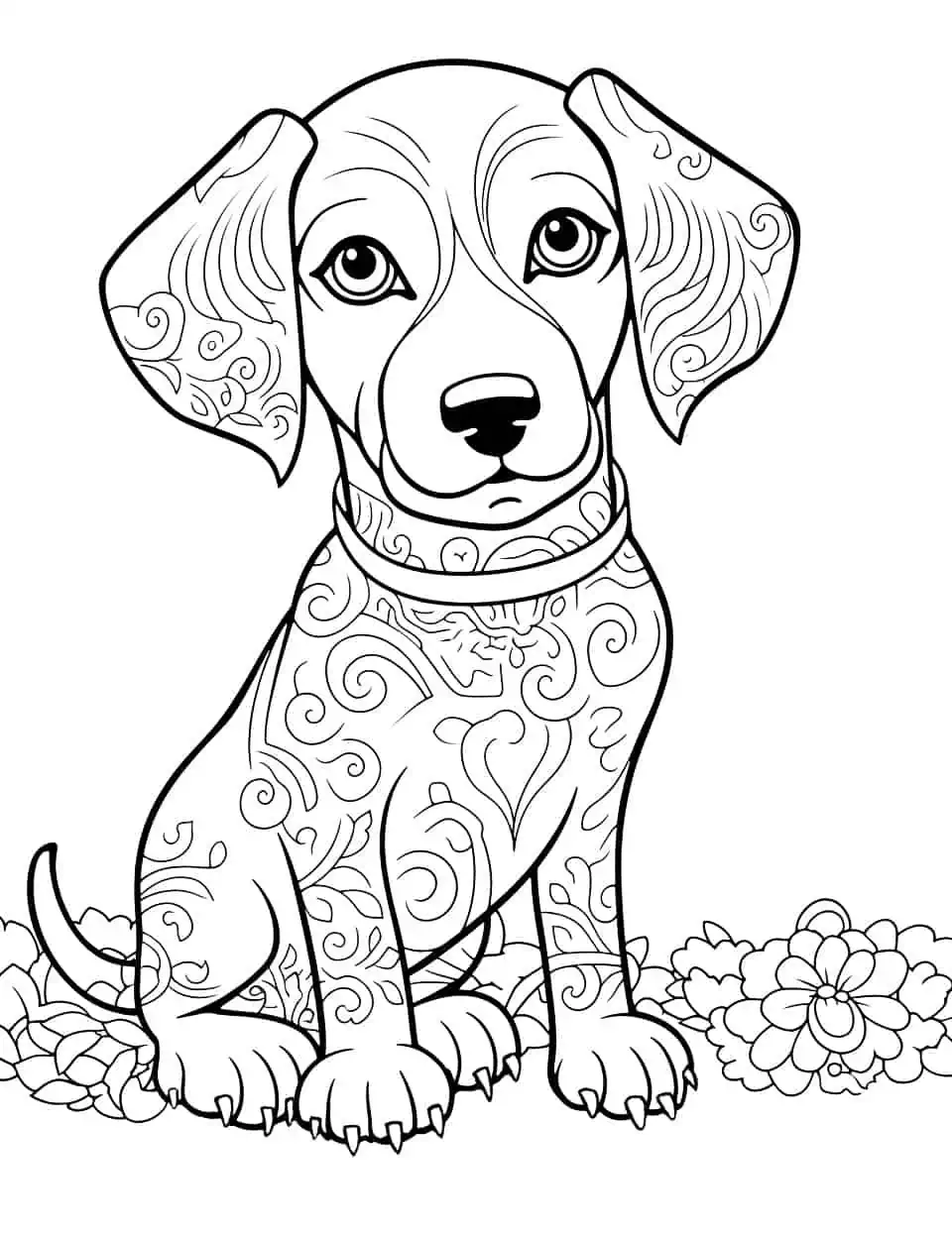 Mandala Background Dachshund Dog Coloring Page - A cute Dachshund with a beautiful mandala design in the background for older kids to color.