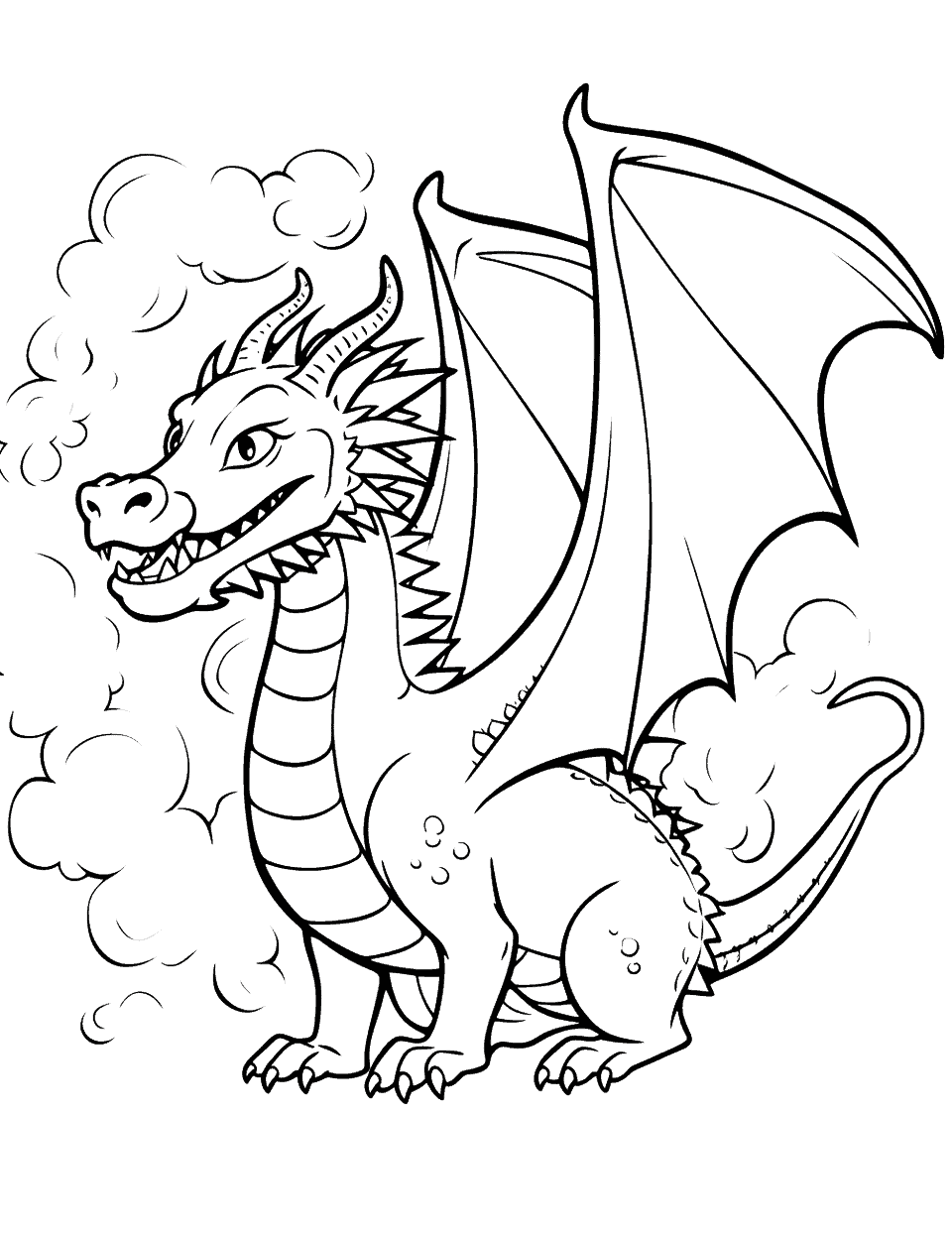 Fire-breathing Dragon Coloring Page - A fire-breathing dragon, setting ablaze the sky.