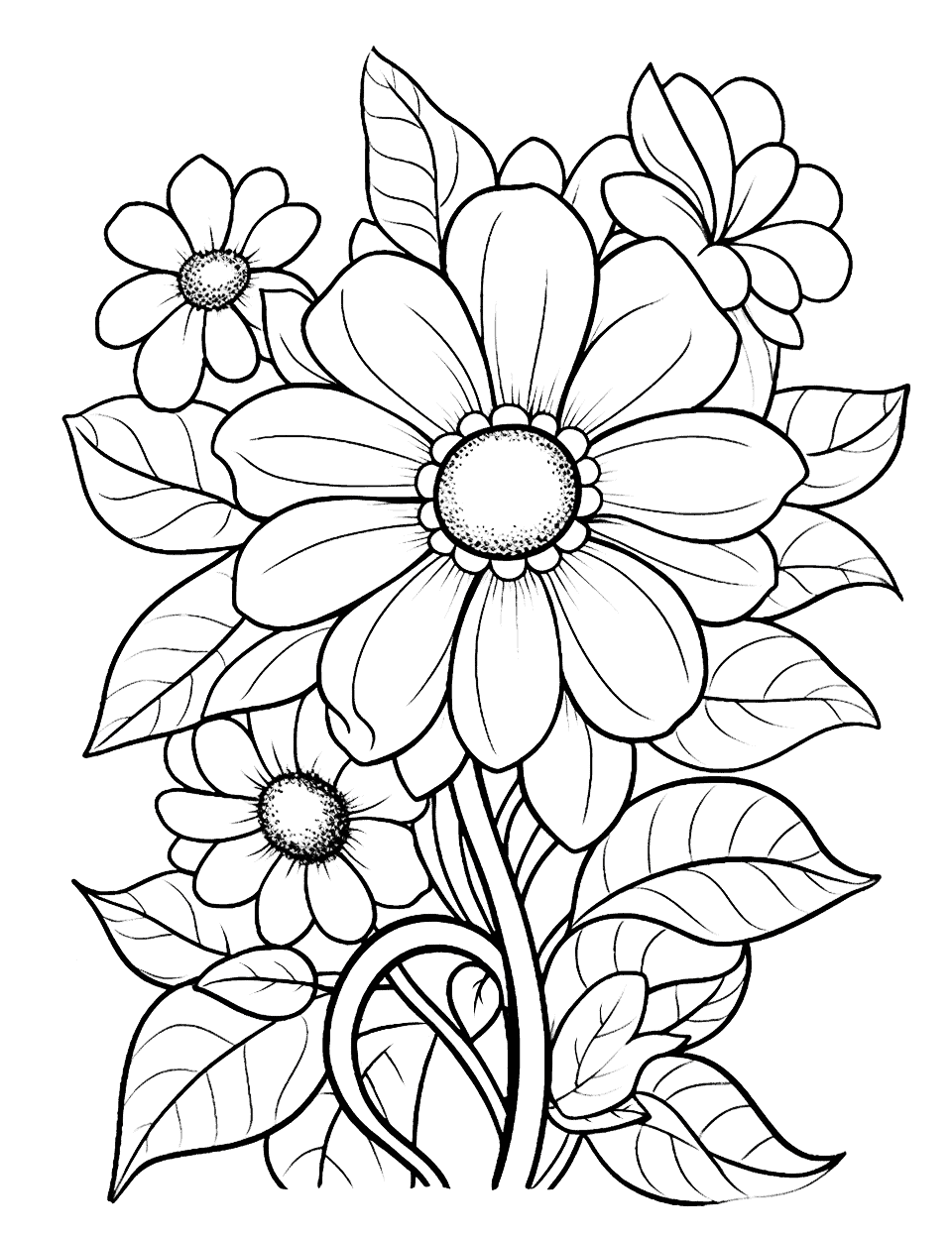 Floral Fantasy Flower Coloring Page - An array of different beautiful flowers, perfect for older children.