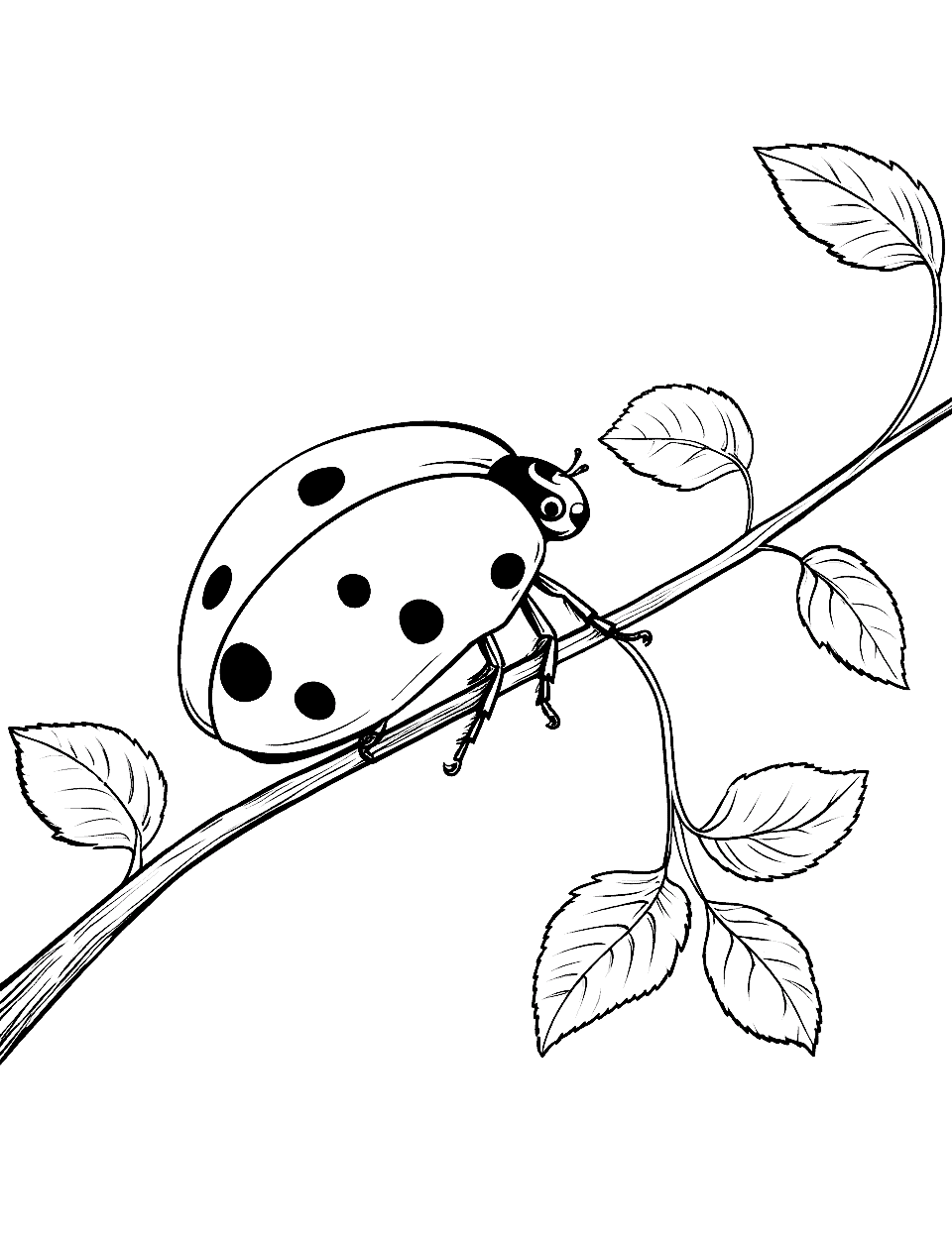 Ladybird Adventure on a Branch Ladybug Coloring Page - A ladybird navigating a tree branch.