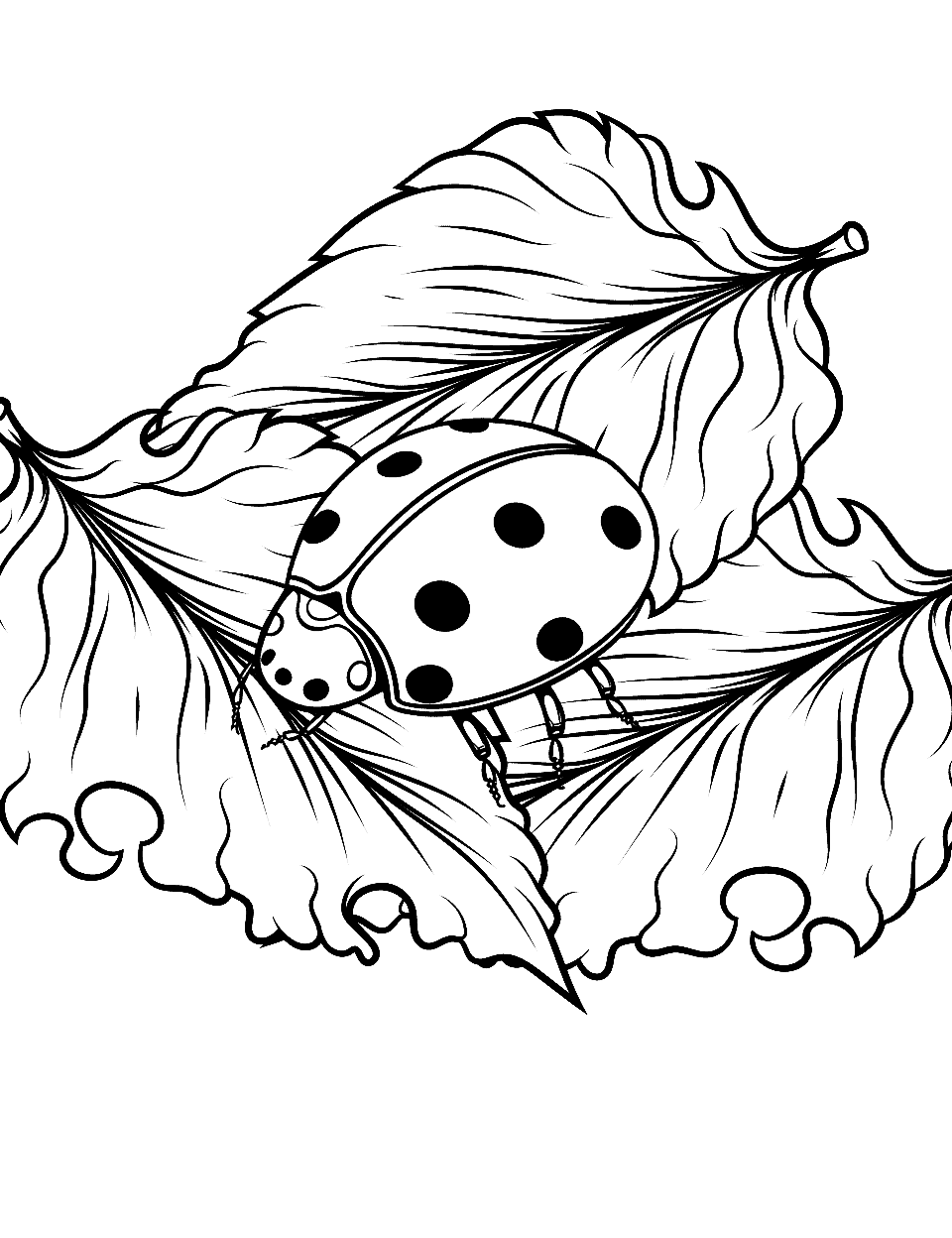 Small Ladybug on a Big World Coloring Page - A tiny ladybug exploring big leaves.