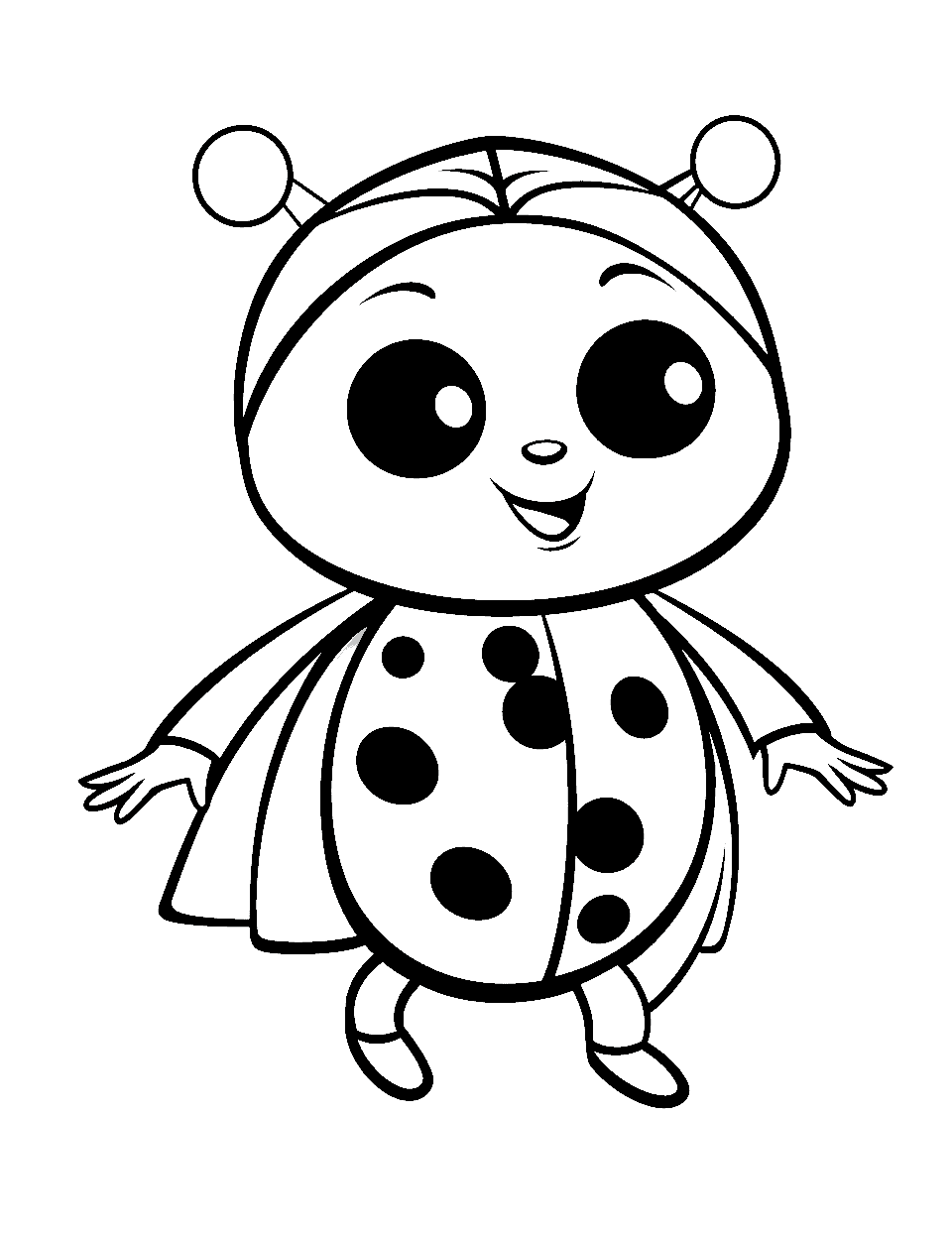 Super Ladybug Pose Coloring Page - A hero ladybug striking a heroic pose with a cape.