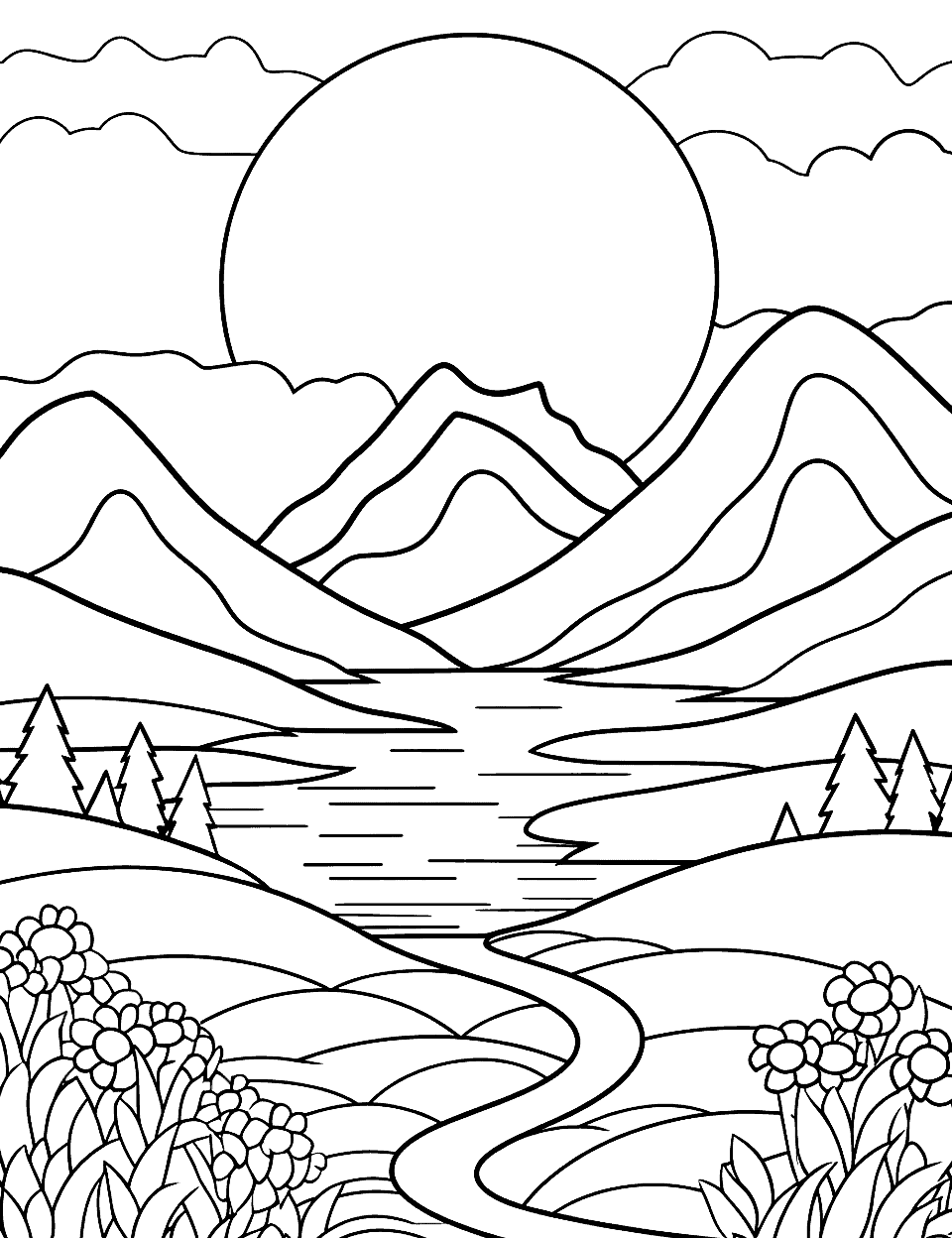 Majestic Mountain View Nature Coloring Page - A serene mountain landscape with a rising sun in the background.