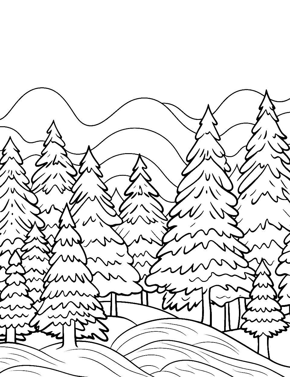 Winter Wonderland Forest Nature Coloring Page - A forest winter scene with pine trees covered in snow.