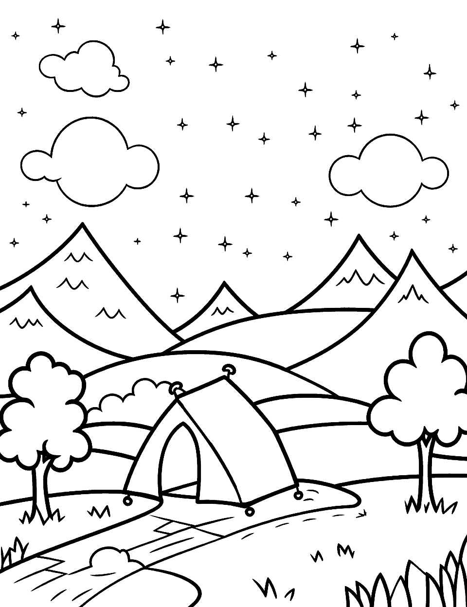 Starry Night Camping Scene Nature Coloring Page - A tent set up under a sky full of stars in the wilderness.