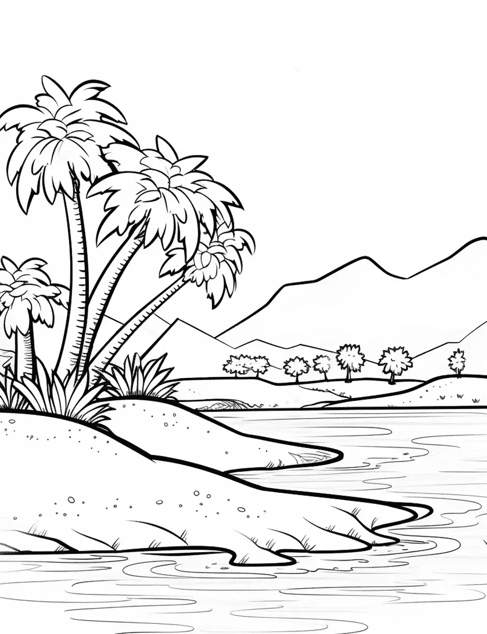 Tropical Island Paradise Nature Coloring Page - A small, uninhabited tropical island with a sandy beach and coconut trees.