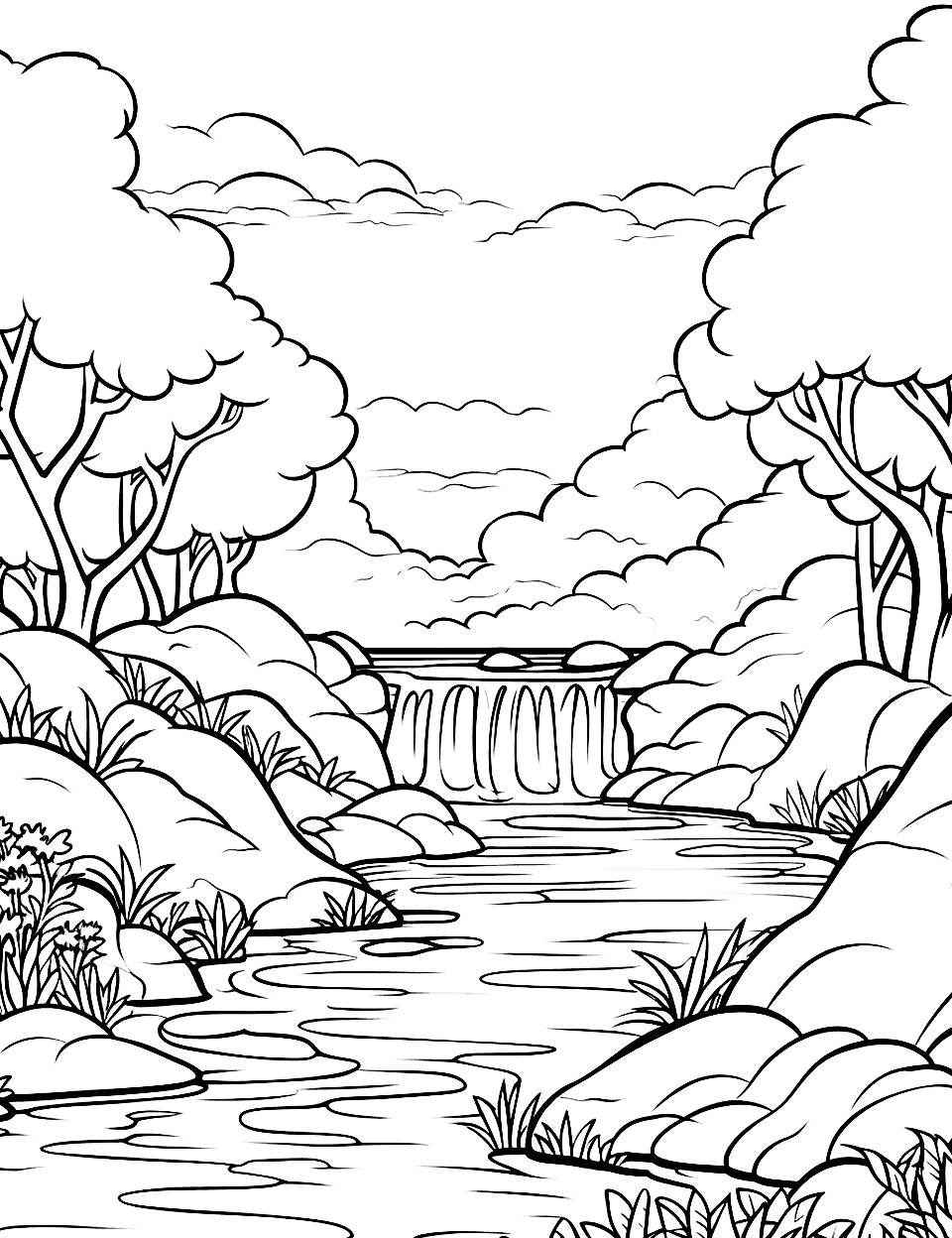 Tranquil Waterfall Oasis Nature Coloring Page - A cascading waterfall into a clear, serene pool surrounded by rocks.