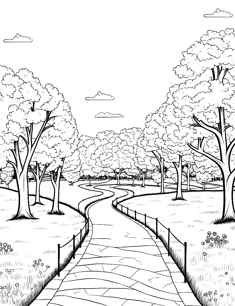 Cherry Blossom Park in Spring Nature Coloring Page - A park filled with blooming cherry blossom trees and a clear sky.