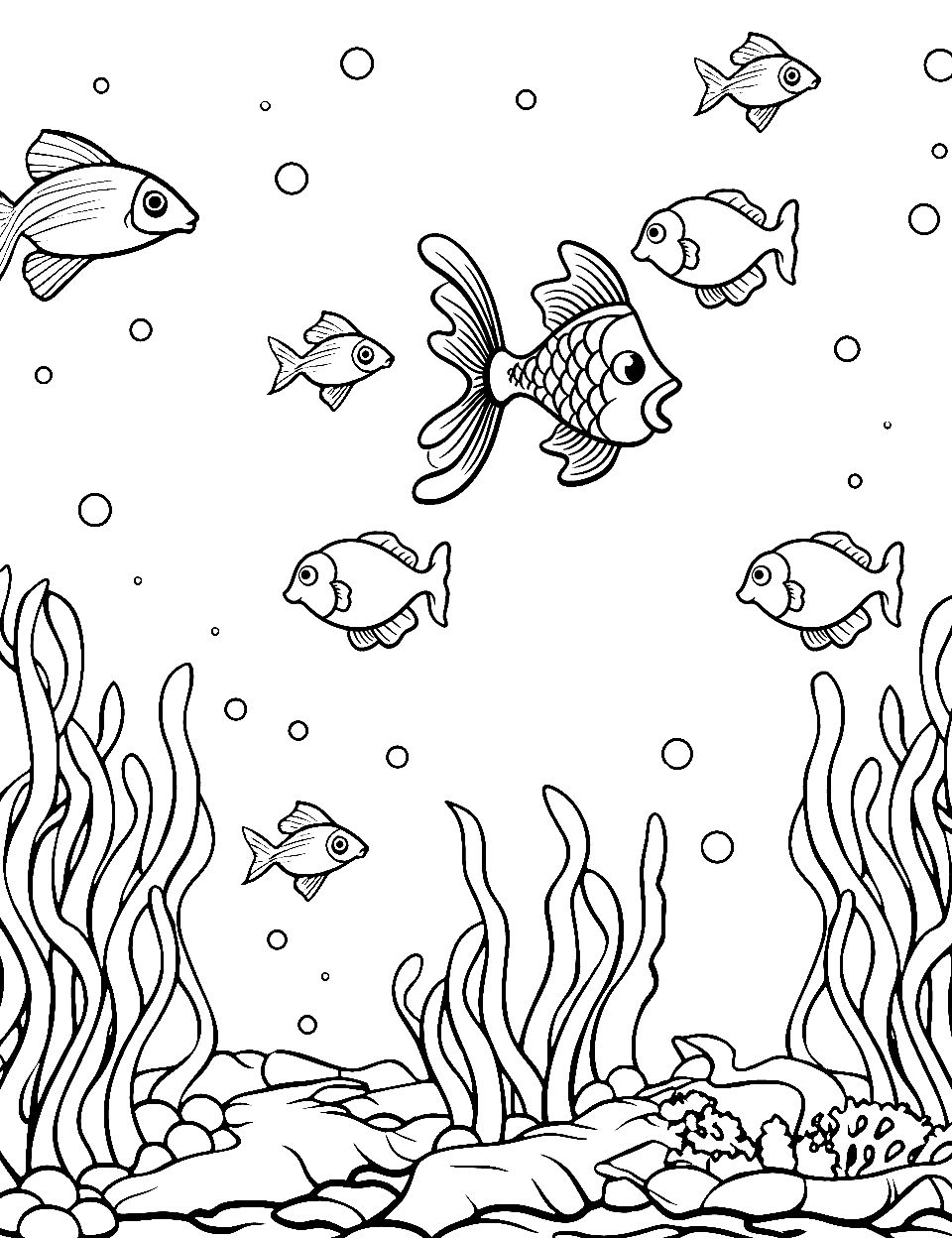 Coral Reef Under the Sea Nature Coloring Page - A coral reef with fish swimming among the corals.