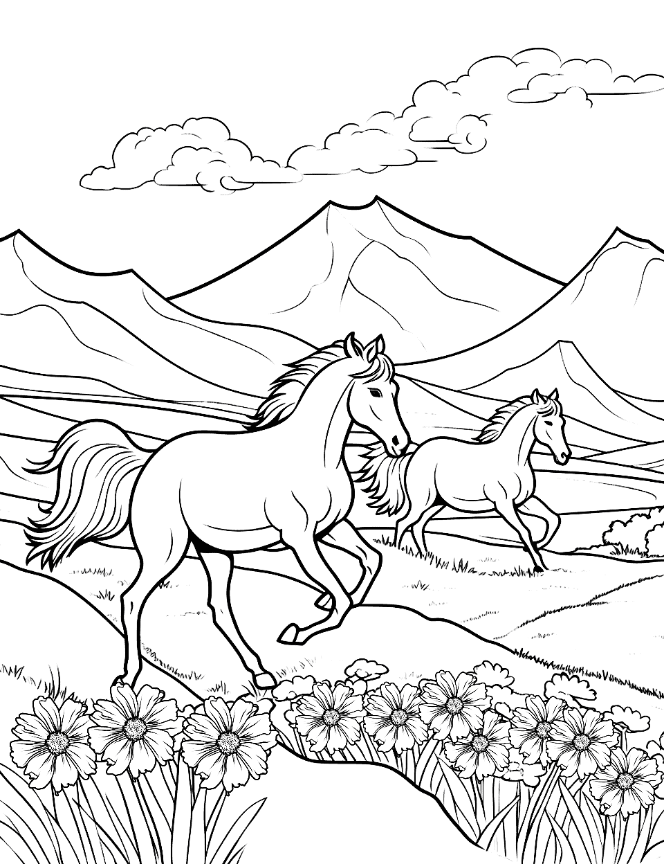 Wild Horses Running Free Nature Coloring Page - Wild horses running across a field with mountains in the distance.