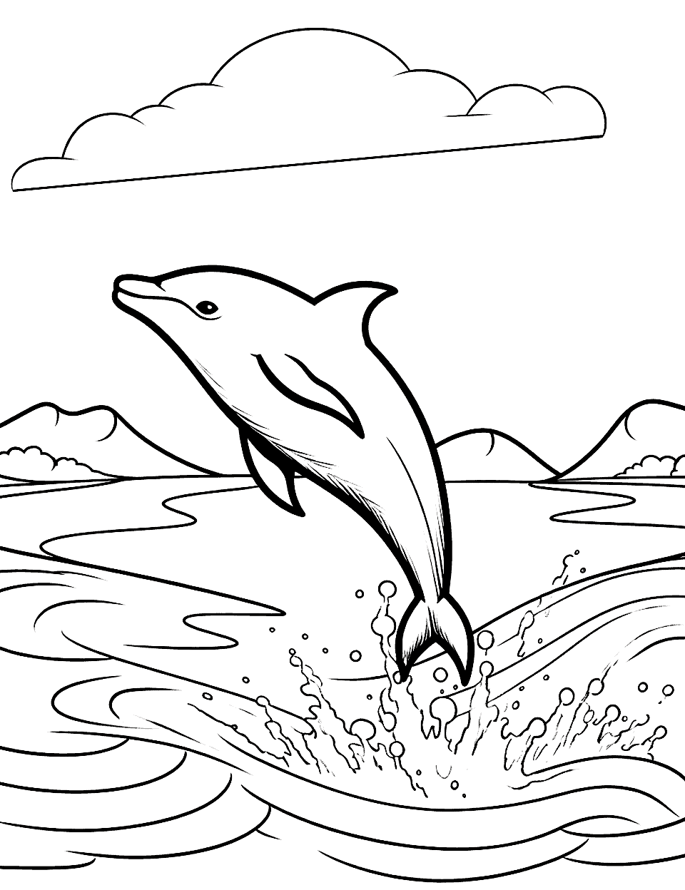 Dolphin Leaping Out of the Water Nature Coloring Page - A dolphin jumping out of the sea, with the horizon in the background.
