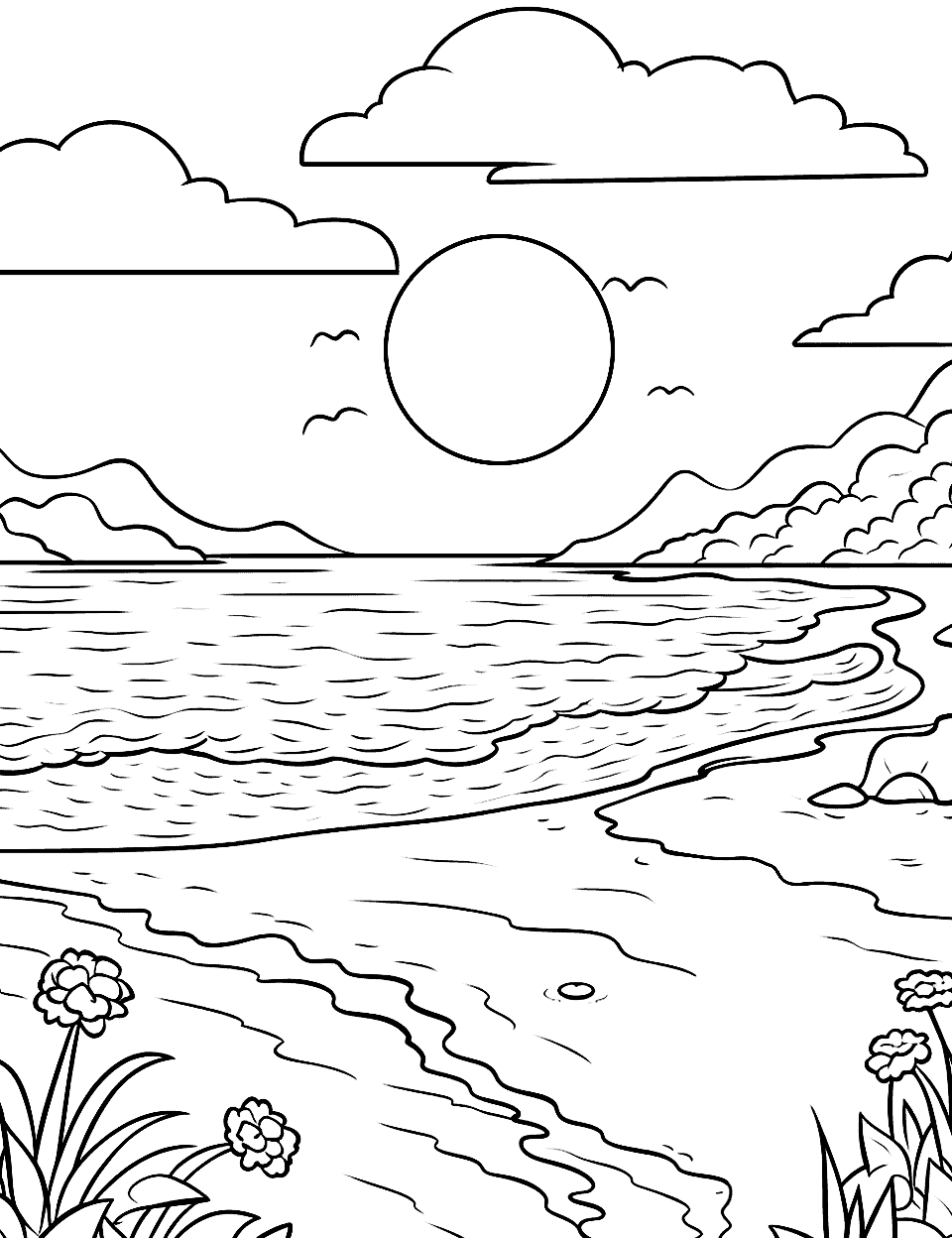 Summer Sea Beach Day Nature Coloring Page - A sunny beach scene with waves gently lapping at the sandy shore.
