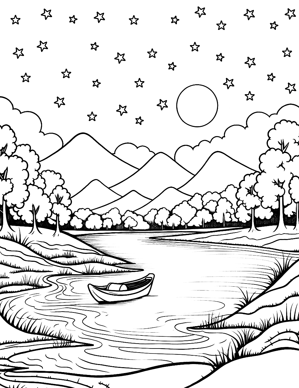 Moonlit River Canoe Nature Coloring Page - A canoe floating down a gentle river under a starry sky with a full moon.