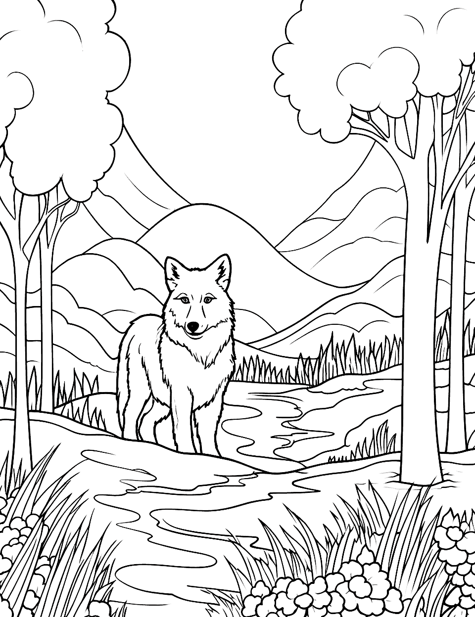 Lone Wolf in the Woods Nature Coloring Page - A single wolf standing in a forest with tall trees all around.